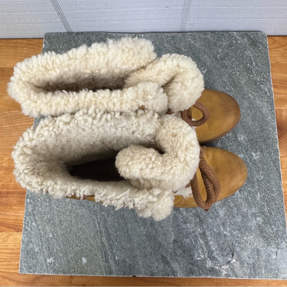 Sorel Joan of Arctic Wedge II Shearling Lined Heeled Boots Camel Lace Up Leather - Picture 7 of 9